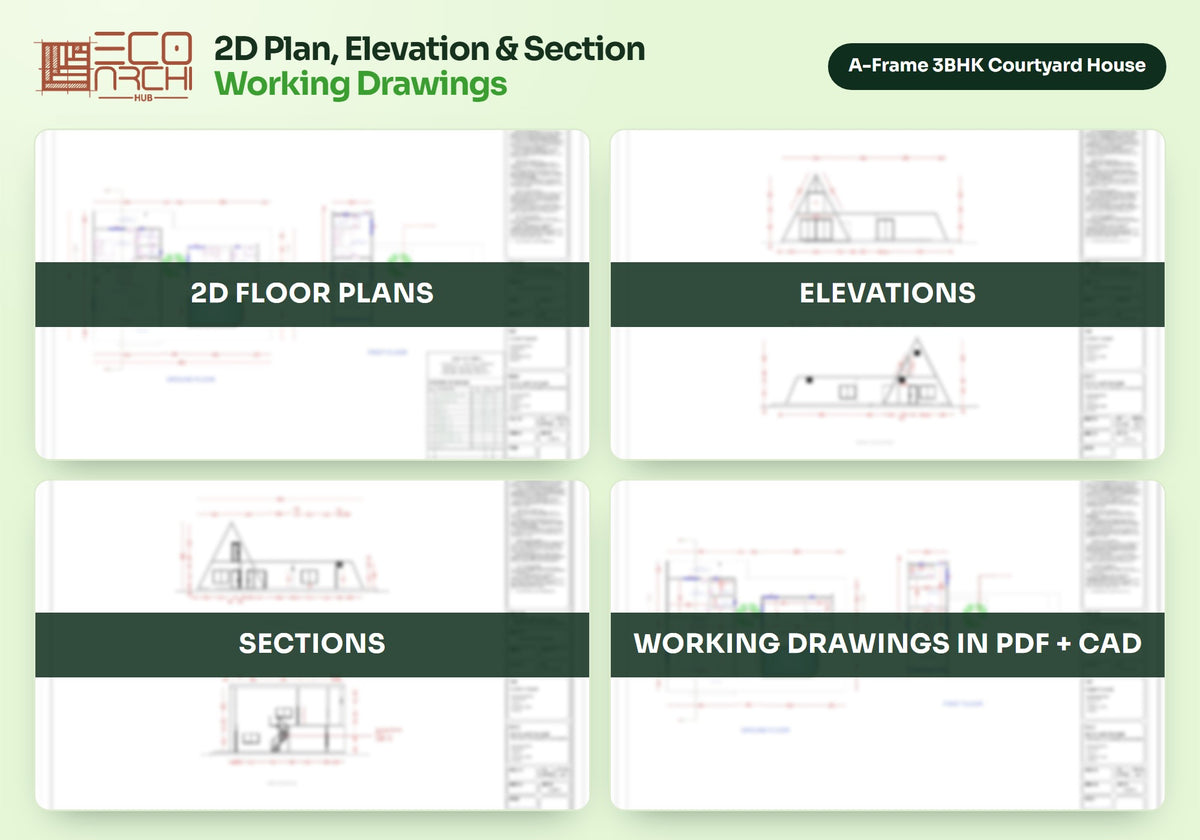 A-Frame 3BHK Courtyard House Plan: 2010 Sq Ft LGSF Design Pack (PDF, CAD, 3D Renders)