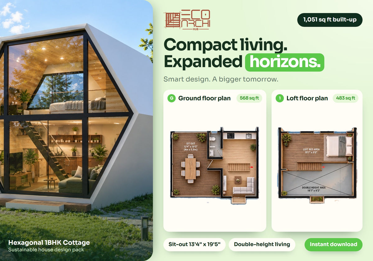 Hexagonal 1BHK Cottage House Plan: 1051 Sq Ft LGSF Prefab Design Pack (PDF, CAD, 3D Renders)