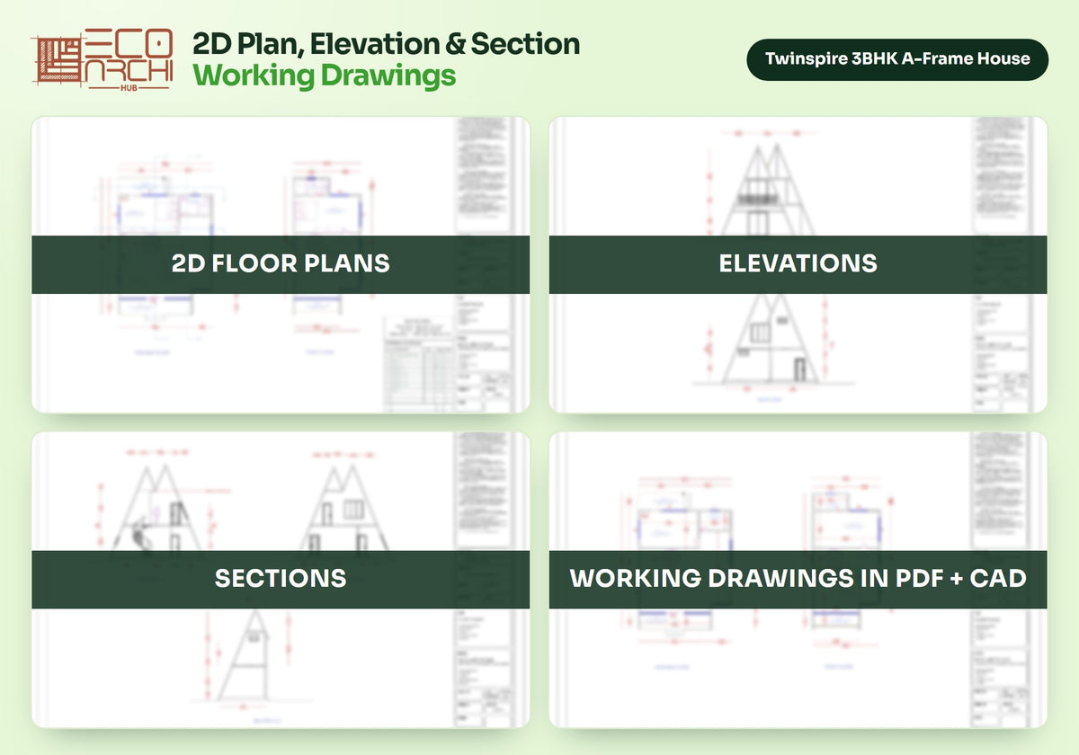 Twinspire 3BHK A-Frame House Plan: 2007 Sq Ft Design Pack (PDF, CAD, 3D Renders)
