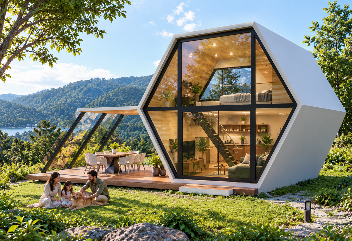 Hexagonal 1BHK Cottage House Plan: 1051 Sq Ft LGSF Prefab Design Pack (PDF, CAD, 3D Renders)