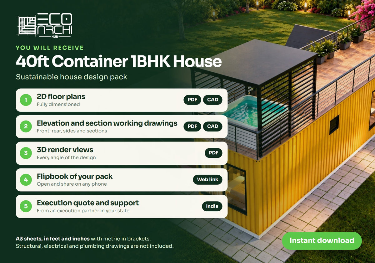 40 ft Container 1BHK House Plan with A-Frame Sit-Out: 700 Sq Ft Design Pack (PDF, CAD, 3D Renders)
