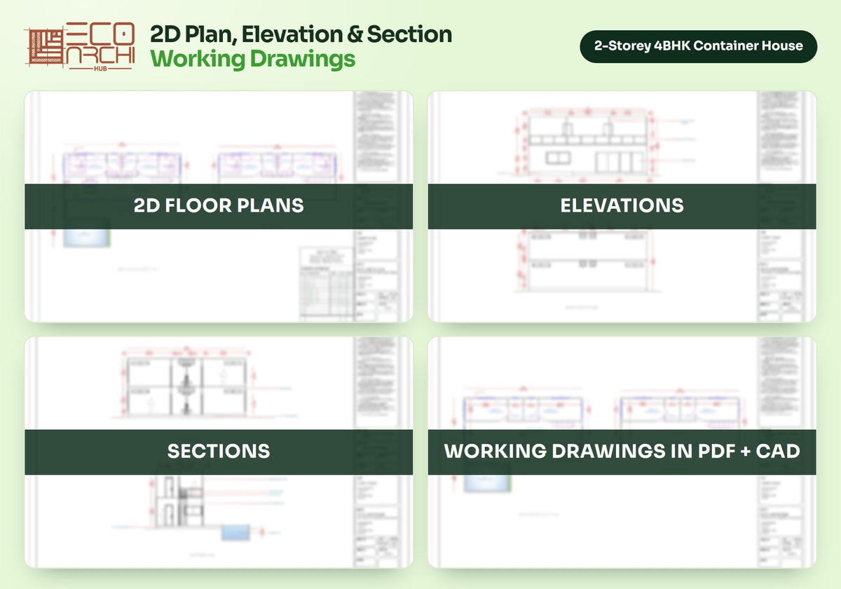 2-Storey 4BHK Container House Plan: 1280 Sq Ft Design Pack (PDF, CAD, 3D Renders)