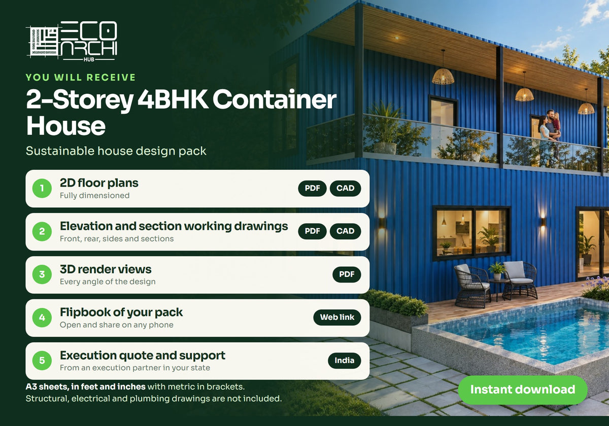 2-Storey 4BHK Container House Plan: 1280 Sq Ft Design Pack (PDF, CAD, 3D Renders)