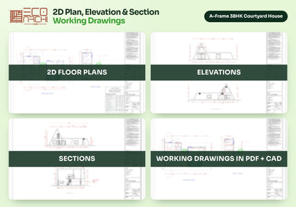 A-Frame 3BHK Courtyard House Plan: 2010 Sq Ft LGSF Design Pack (PDF, CAD, 3D Renders)