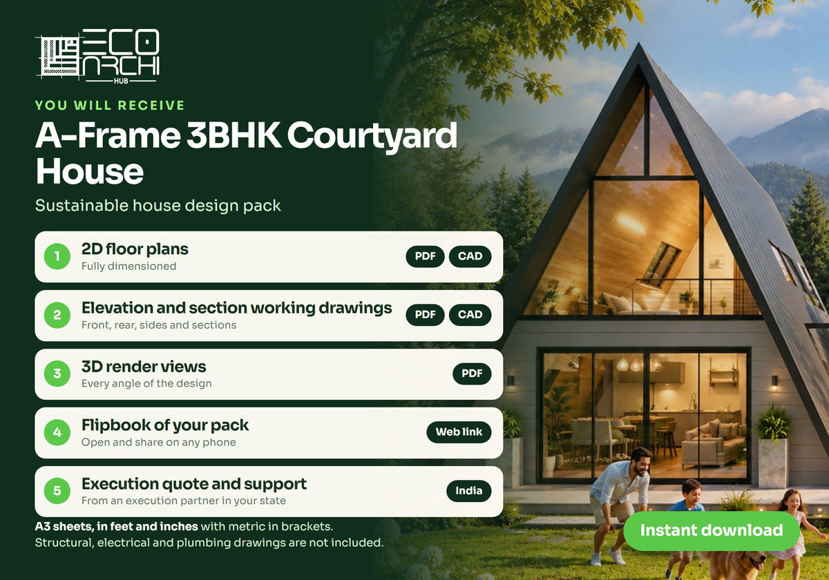 A-Frame 3BHK Courtyard House Plan: 2010 Sq Ft LGSF Design Pack (PDF, CAD, 3D Renders)
