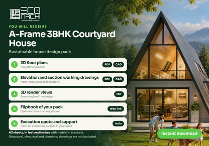 A-Frame 3BHK Courtyard House Plan: 2010 Sq Ft LGSF Design Pack (PDF, CAD, 3D Renders)
