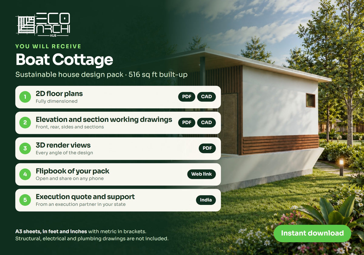 Boat Cottage House Plan: 516 Sq Ft LGSF Resort Cottage Design Pack (PDF, CAD, 3D Renders)