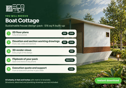 Boat Cottage House Plan: 516 Sq Ft LGSF Resort Cottage Design Pack (PDF, CAD, 3D Renders)