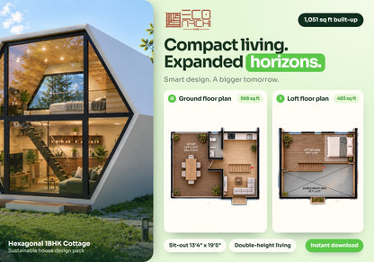 Hexagonal 1BHK Cottage House Plan: 1051 Sq Ft LGSF Prefab Design Pack (PDF, CAD, 3D Renders)