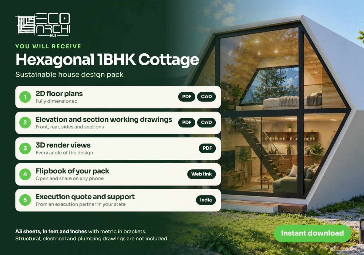 Hexagonal 1BHK Cottage House Plan: 1051 Sq Ft LGSF Prefab Design Pack (PDF, CAD, 3D Renders)