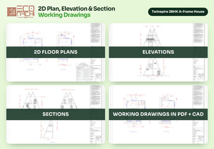 Twinspire 3BHK A-Frame House Plan: 2007 Sq Ft Design Pack (PDF, CAD, 3D Renders)