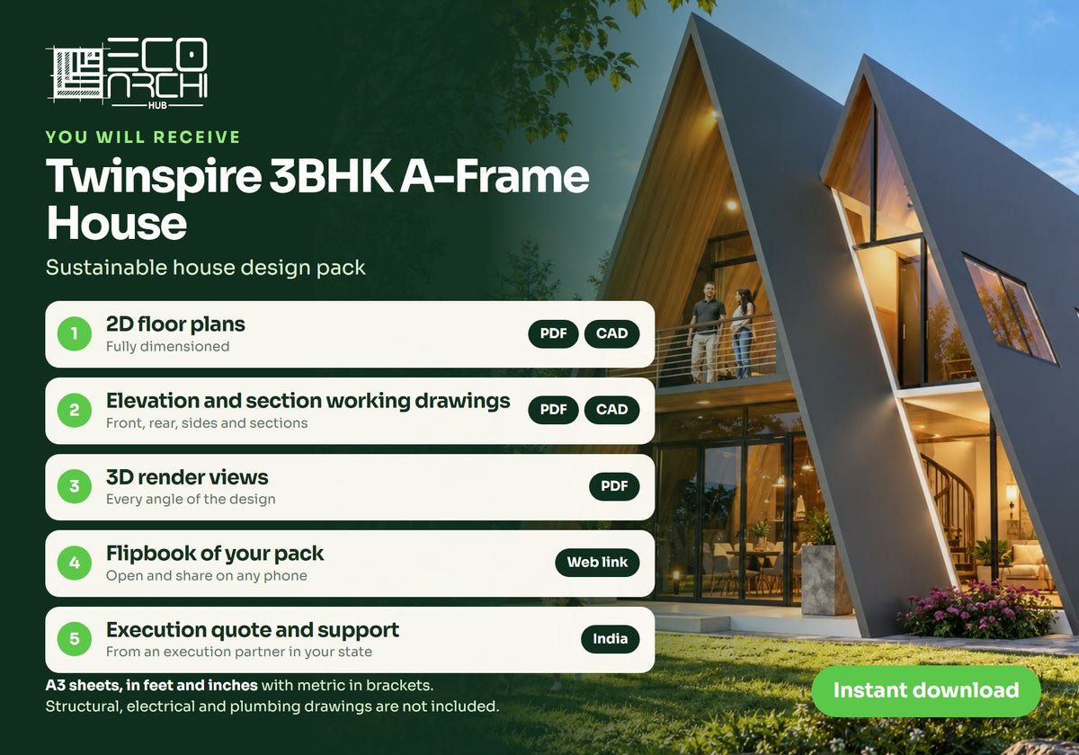 Twinspire 3BHK A-Frame House Plan: 2007 Sq Ft Design Pack (PDF, CAD, 3D Renders)