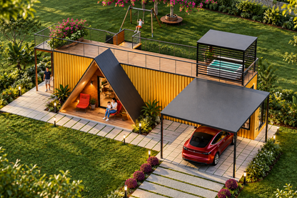 40 ft Container 1BHK House Plan with A-Frame Sit-Out: 700 Sq Ft Design Pack (PDF, CAD, 3D Renders)