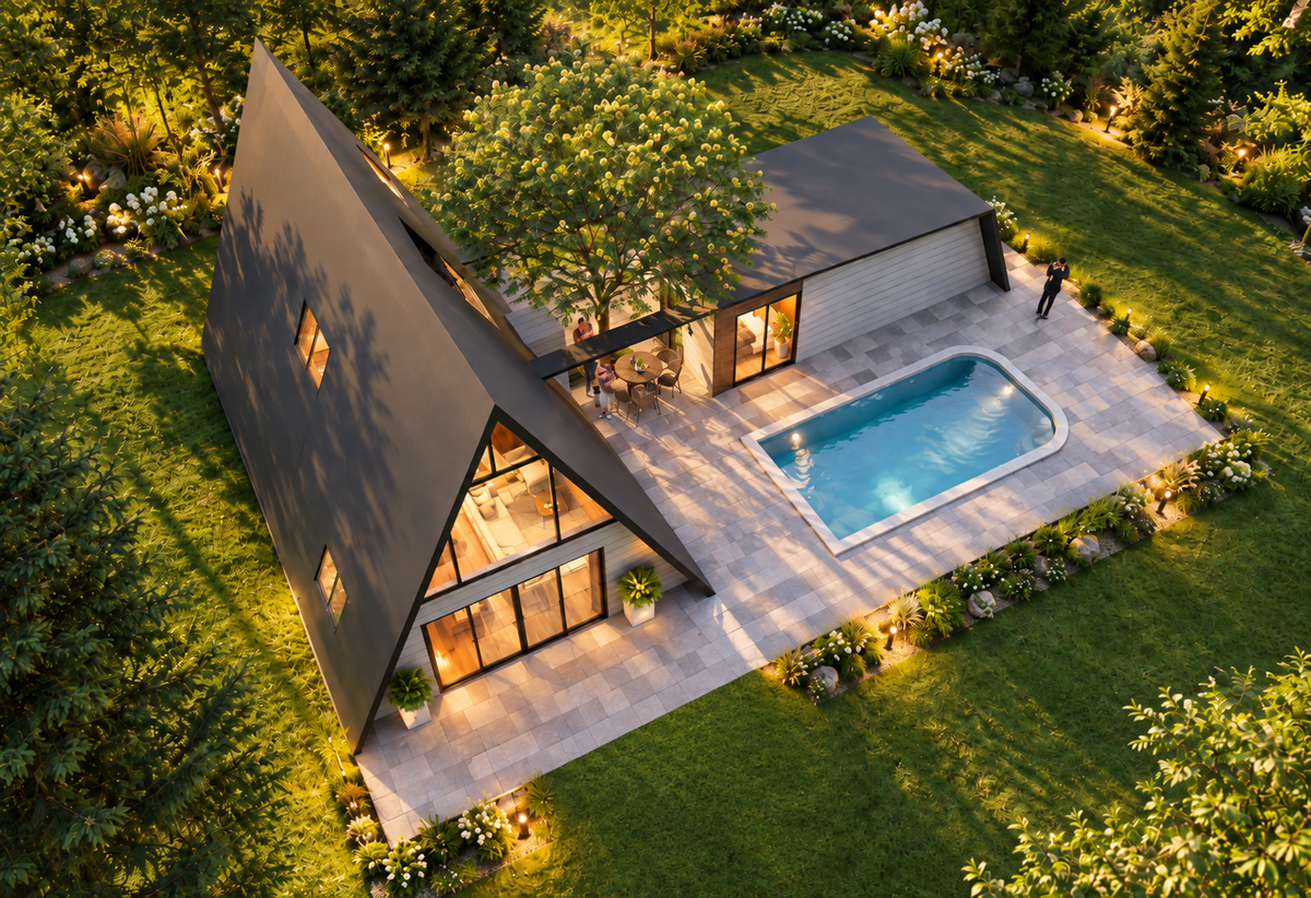 A-Frame 3BHK Courtyard House Plan: 2010 Sq Ft LGSF Design Pack (PDF, CAD, 3D Renders)