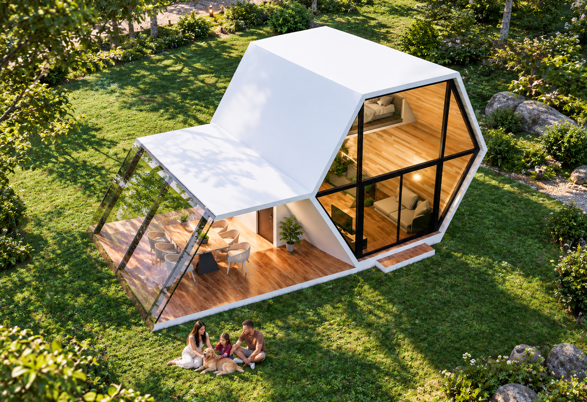 Hexagonal 1BHK Cottage House Plan: 1051 Sq Ft LGSF Prefab Design Pack (PDF, CAD, 3D Renders)