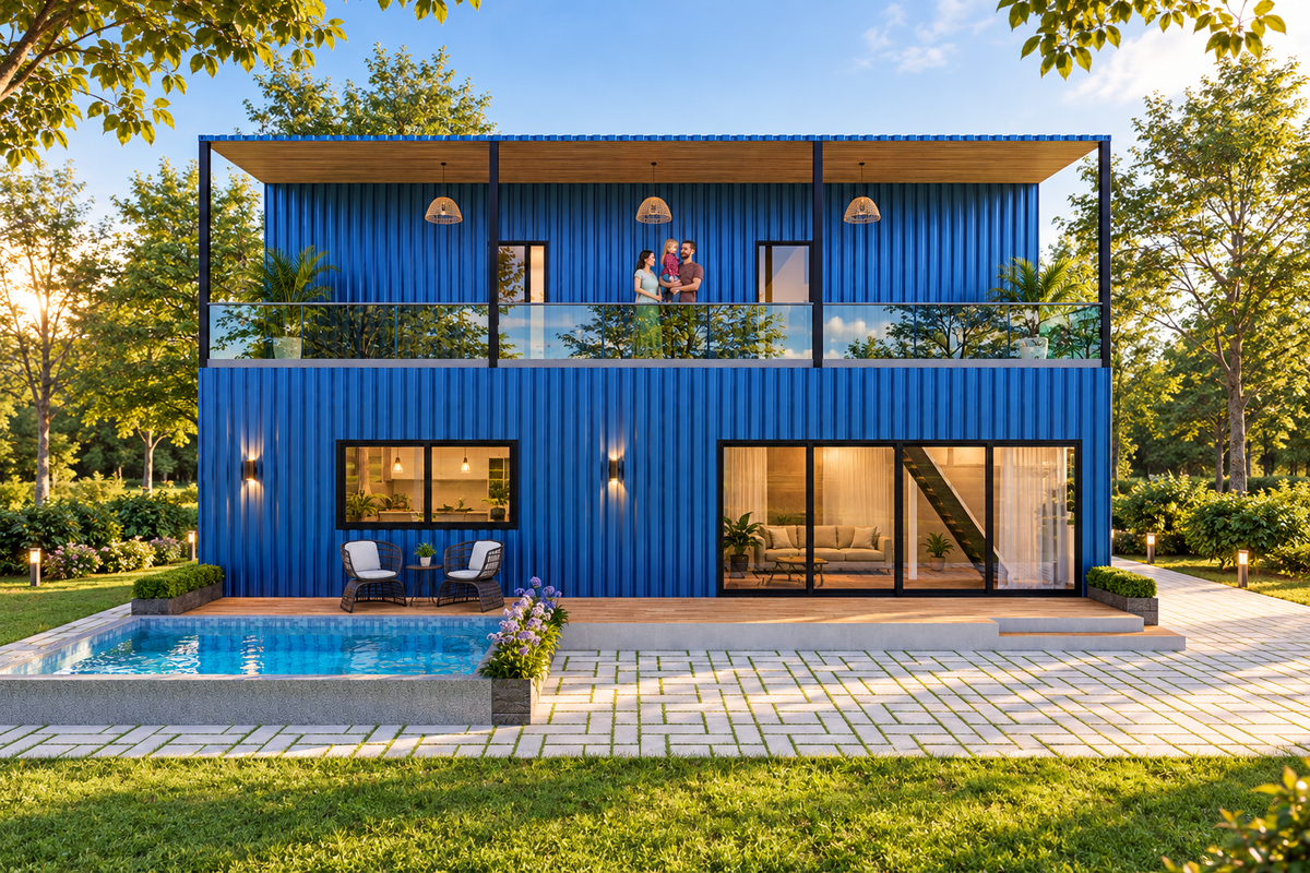 2-Storey 4BHK Container House Plan: 1280 Sq Ft Design Pack (PDF, CAD, 3D Renders)